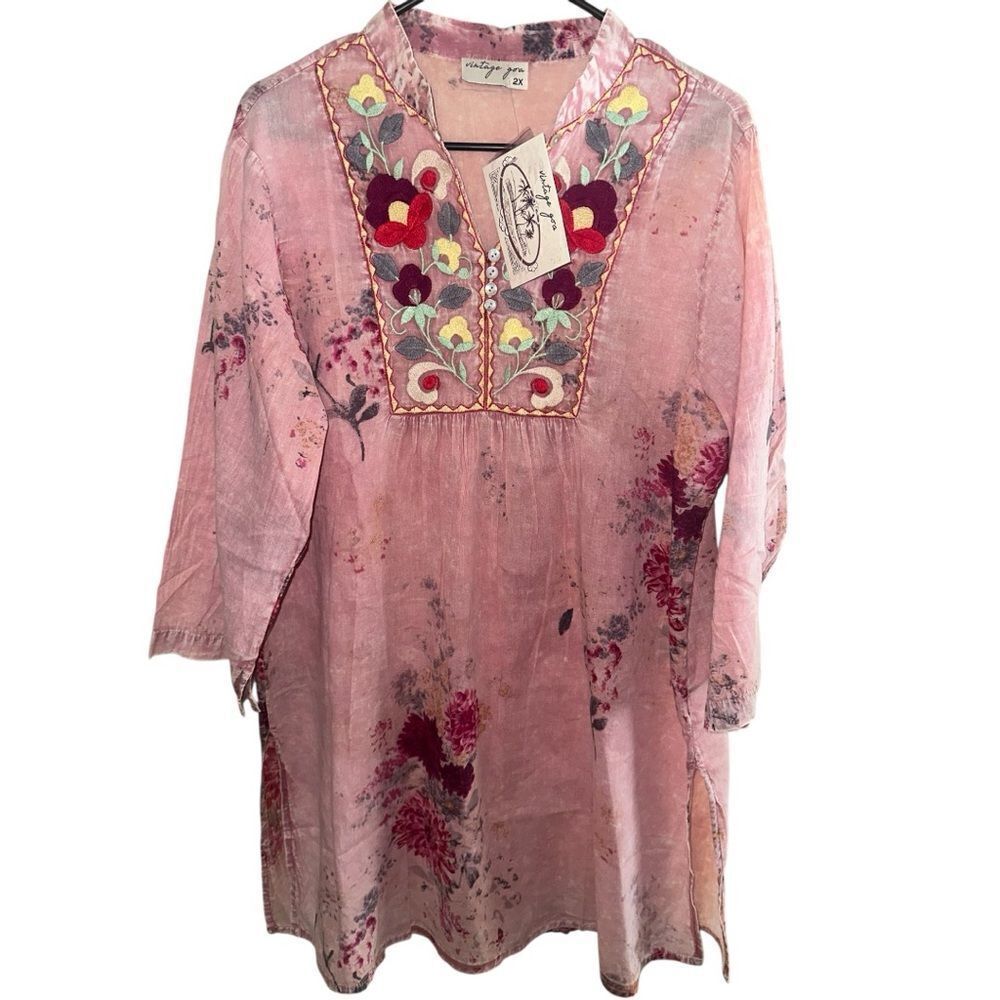 Vintage Goa Embroidered 100% Cotton Flowy Top Sz 2X